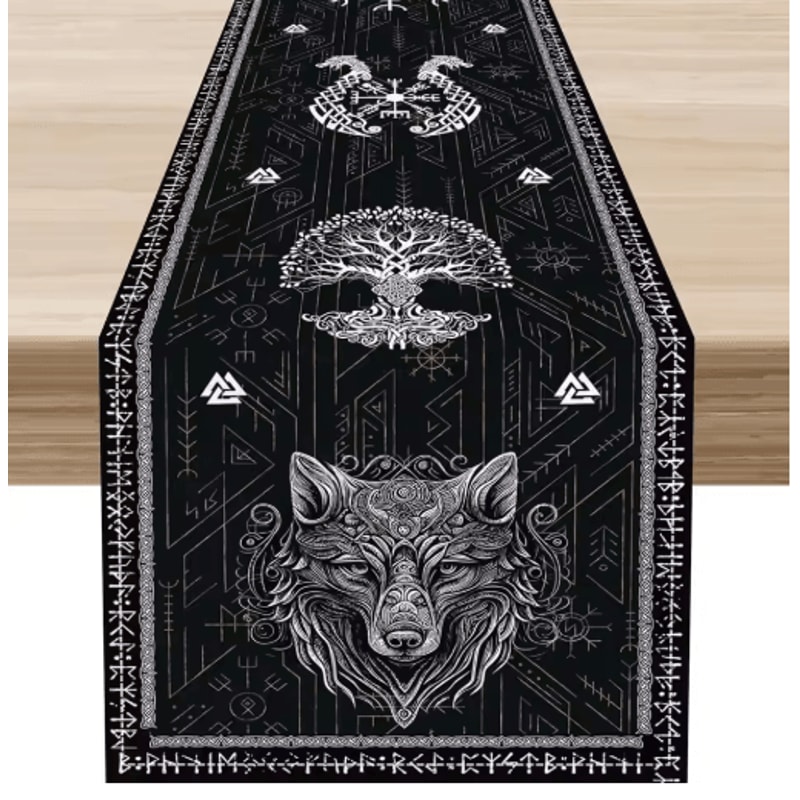 Norse Viking Raven Linen Table Runner Mythology Tree Of Life Kitchen Decor 0