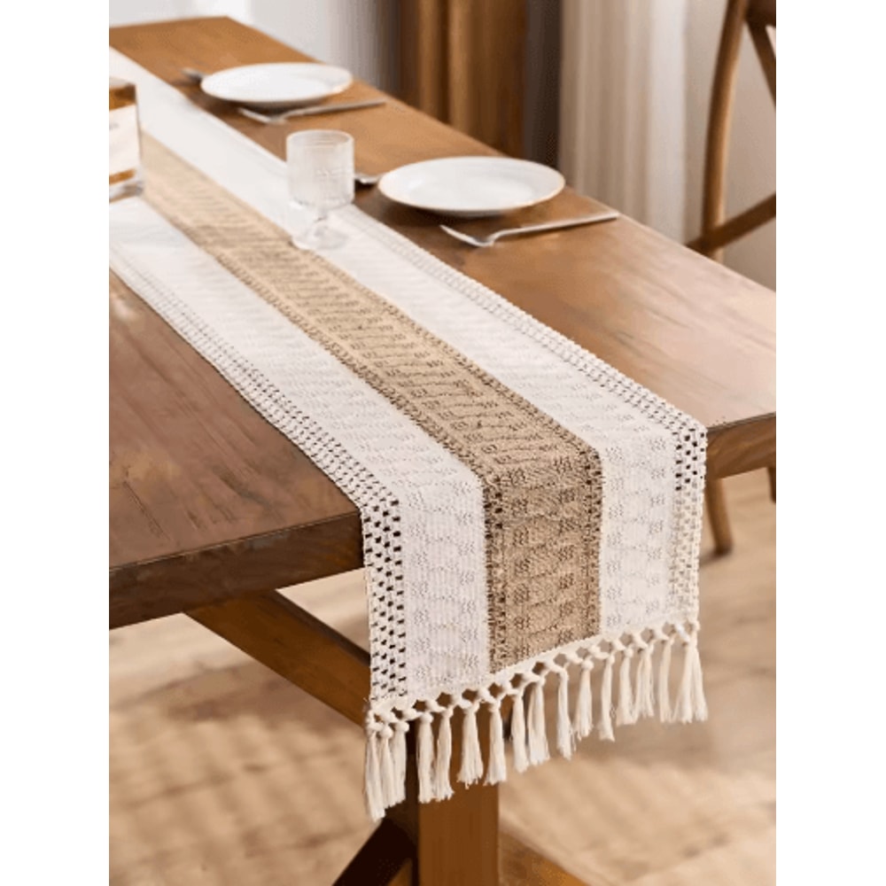 Boho Macrame Table Runner Cream Brown Farmhouse Tassel Table Decor 1