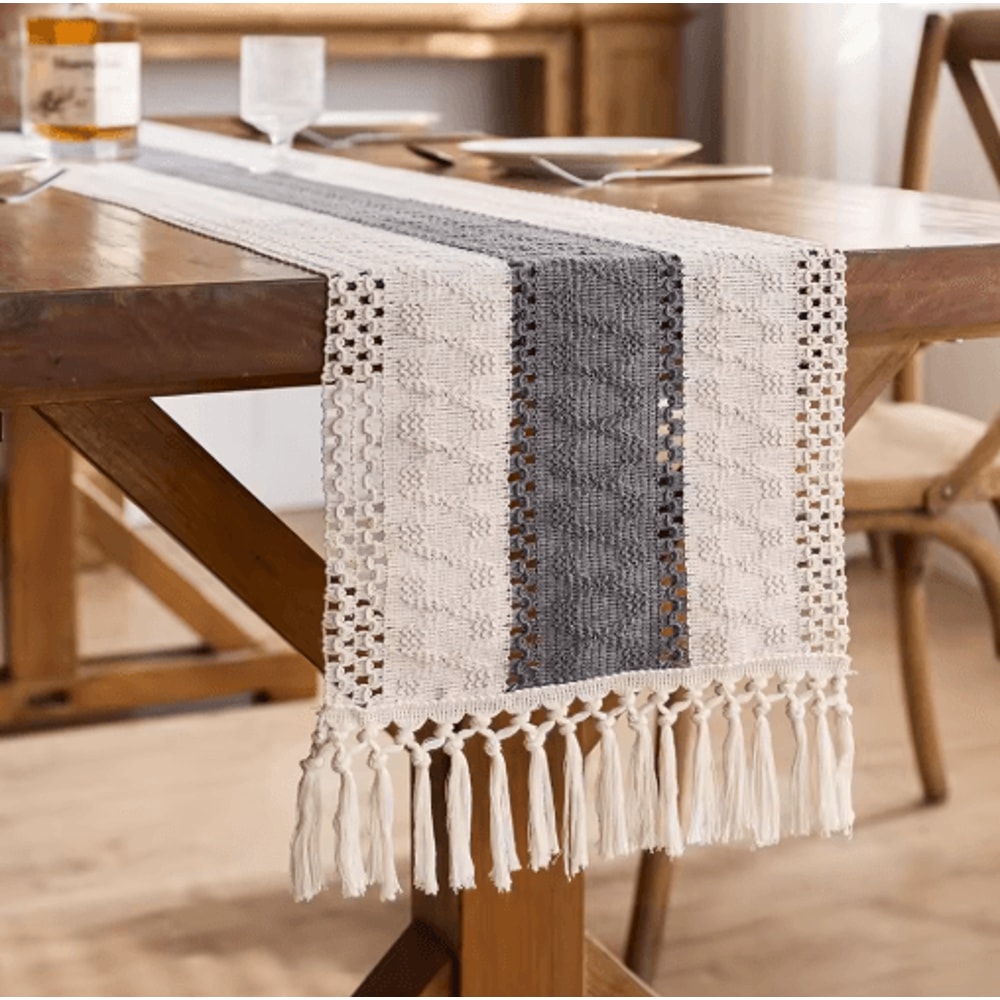 Boho Macrame Table Runner Cream Brown Farmhouse Tassel Table Decor 2