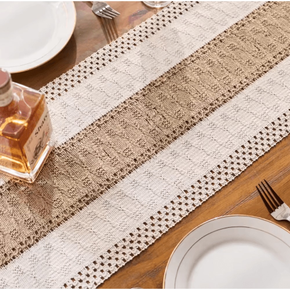 Boho Macrame Table Runner Cream Brown Farmhouse Tassel Table Decor 5