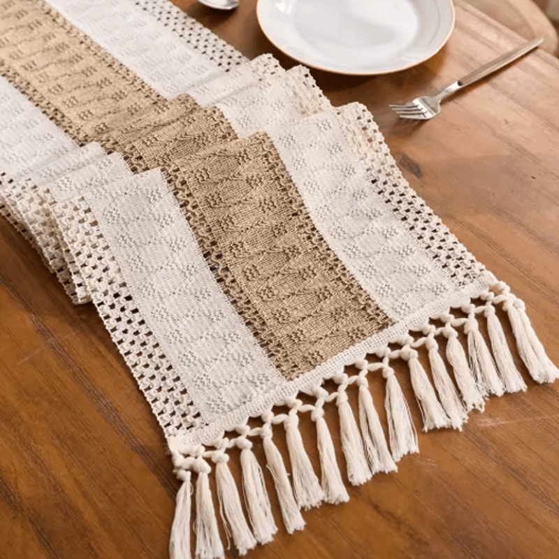 Boho Macrame Table Runner Cream Brown Farmhouse Tassel Table Decor 7