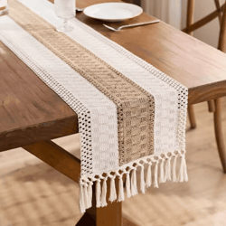 boho macrame table runner cream & brown farmhouse tassel table decor