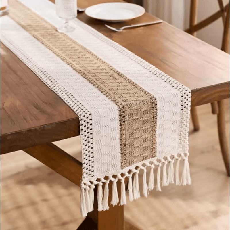 Boho Macrame Table Runner Cream Brown Farmhouse Tassel Table Decor 0