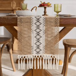 boho macrame table runner with tassels – rustic farmhouse table decor accent