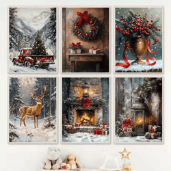 vintage red truck christmas canvas wall art – nordic winter scene holiday decor