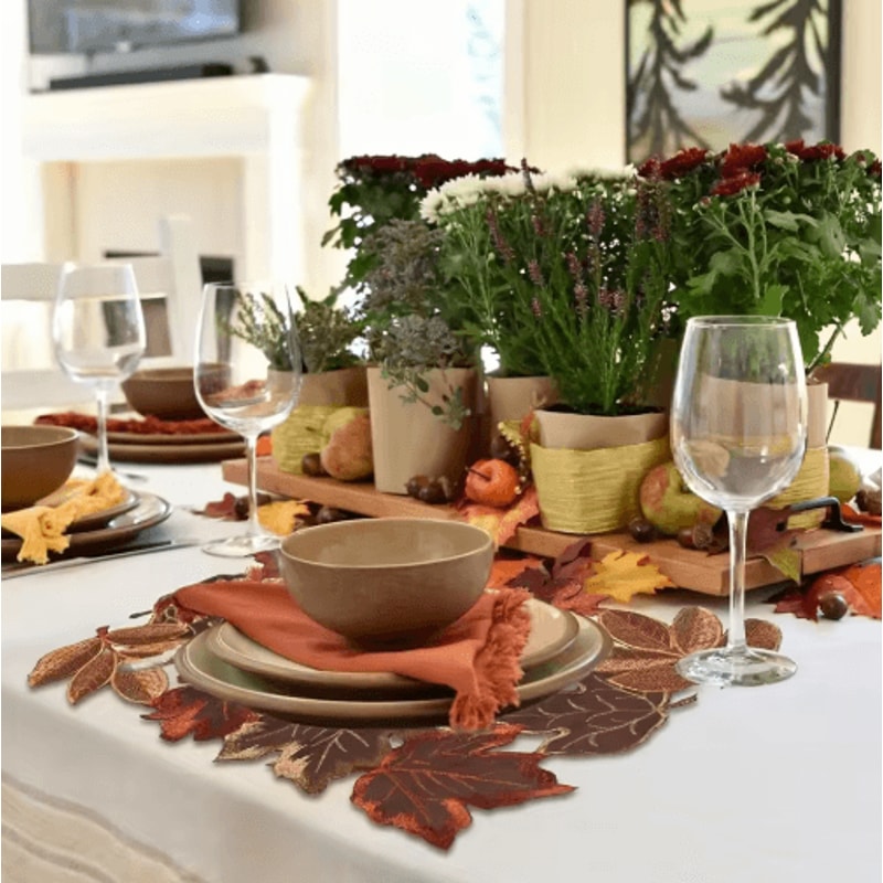 Embroidered Maple Leaf Table Runner Rustic Autumn Farmhouse Thanksgiving Decor 4