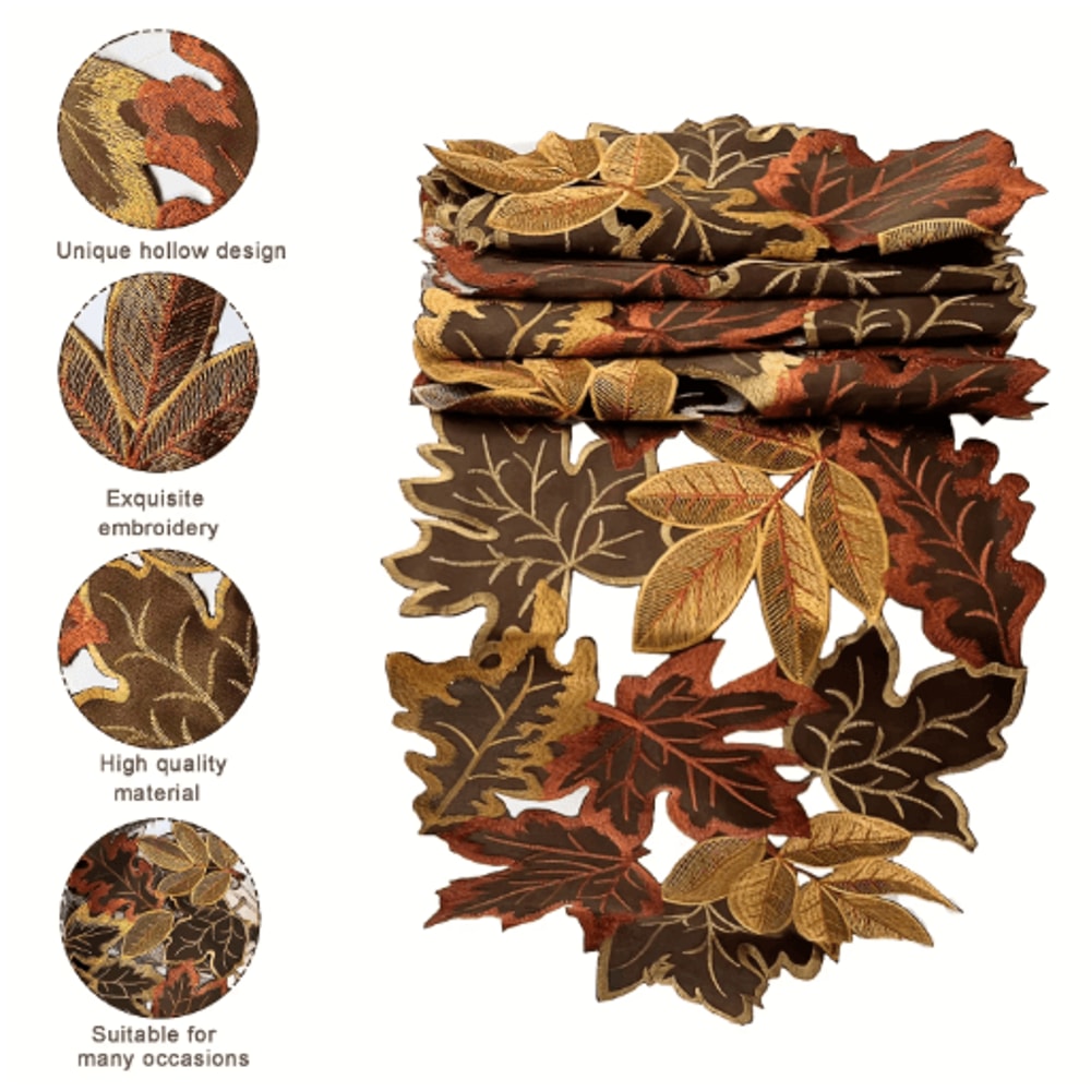 Embroidered Maple Leaf Table Runner Rustic Autumn Farmhouse Thanksgiving Decor 7