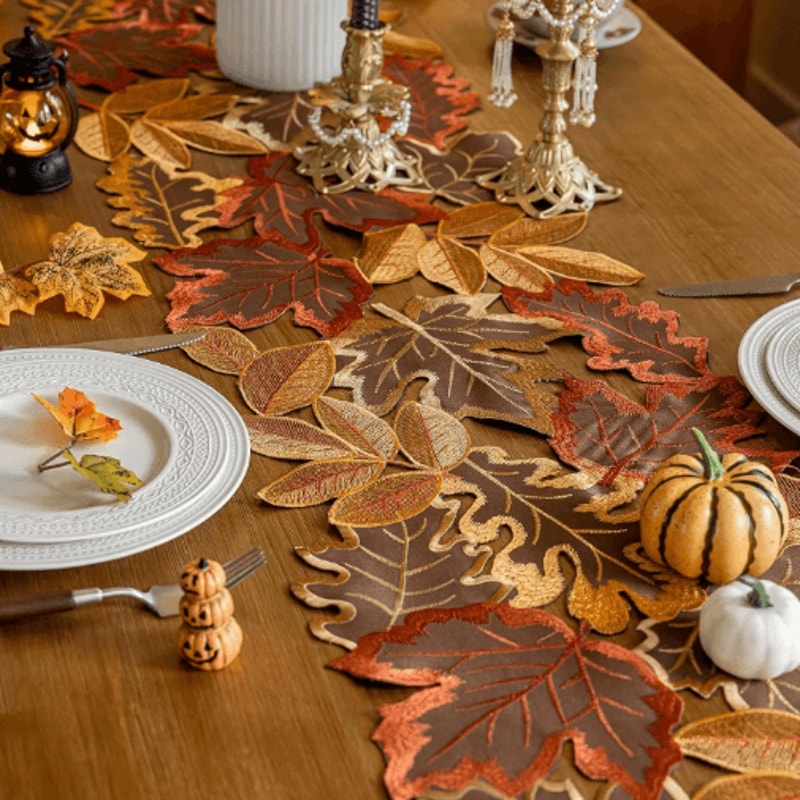 Embroidered Maple Leaf Table Runner Rustic Autumn Farmhouse Thanksgiving Decor 8