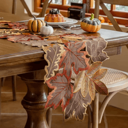 embroidered maple leaf table runner – rustic autumn farmhouse thanksgiving decor