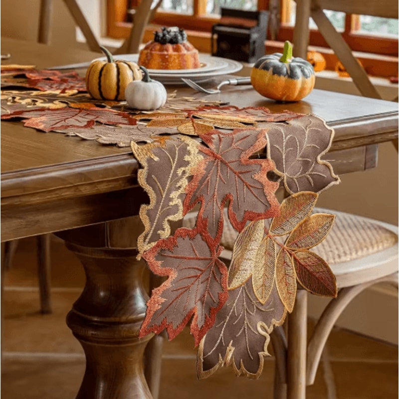 Embroidered Maple Leaf Table Runner Rustic Autumn Farmhouse Thanksgiving Decor 0