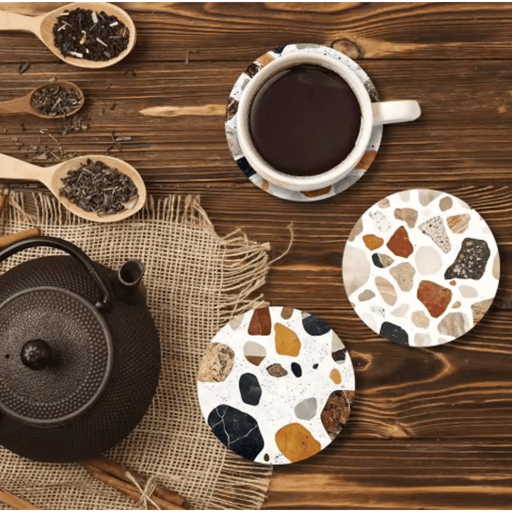 6Piece Wooden Coasters Set Stone Pattern Coffee Cup Coasters For Stylish Table Protection 4