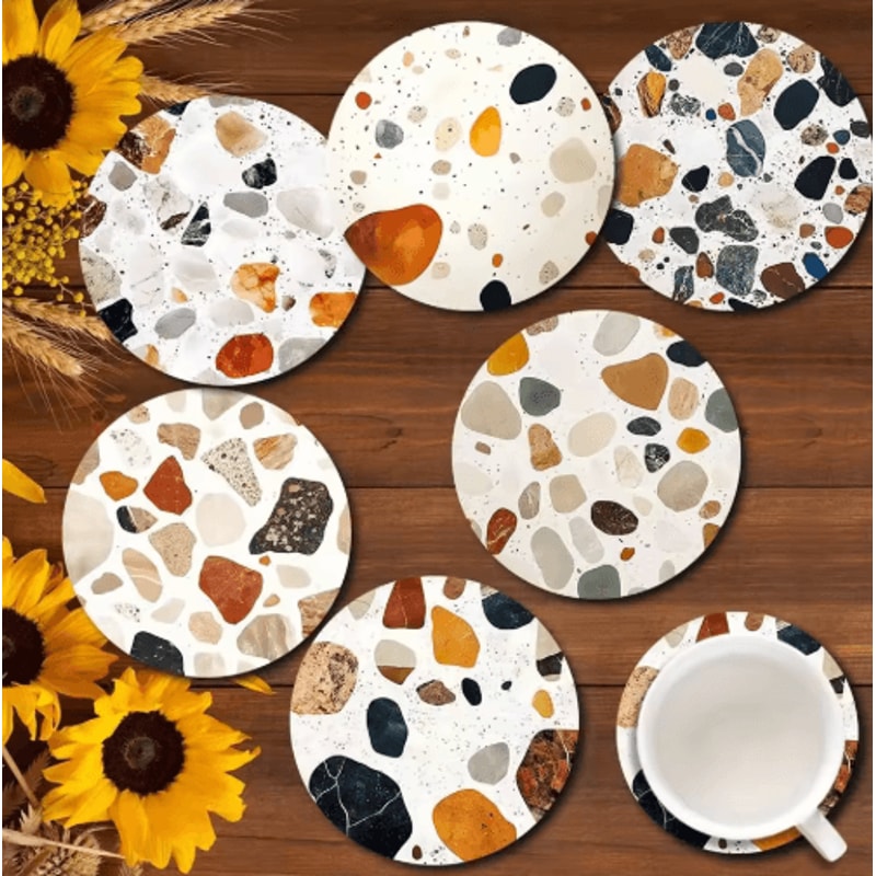 6Piece Wooden Coasters Set Stone Pattern Coffee Cup Coasters For Stylish Table Protection 5