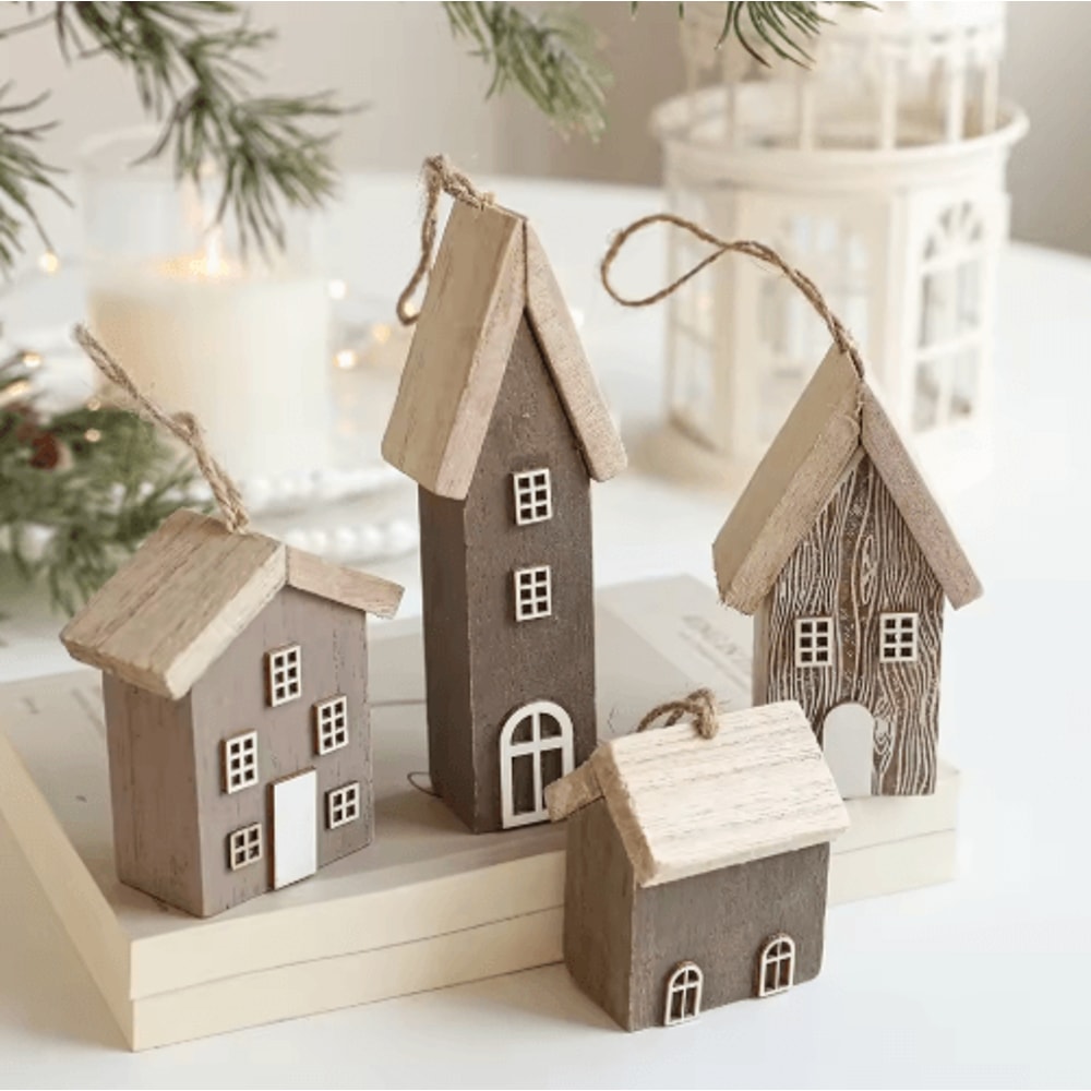 Wooden Christmas House Ornament Rustic Mini Log Cabin Tree Pendant Decor 0