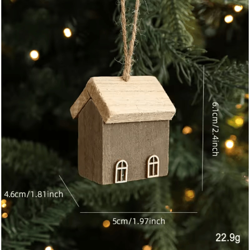 Wooden Christmas House Ornament Rustic Mini Log Cabin Tree Pendant Decor 3