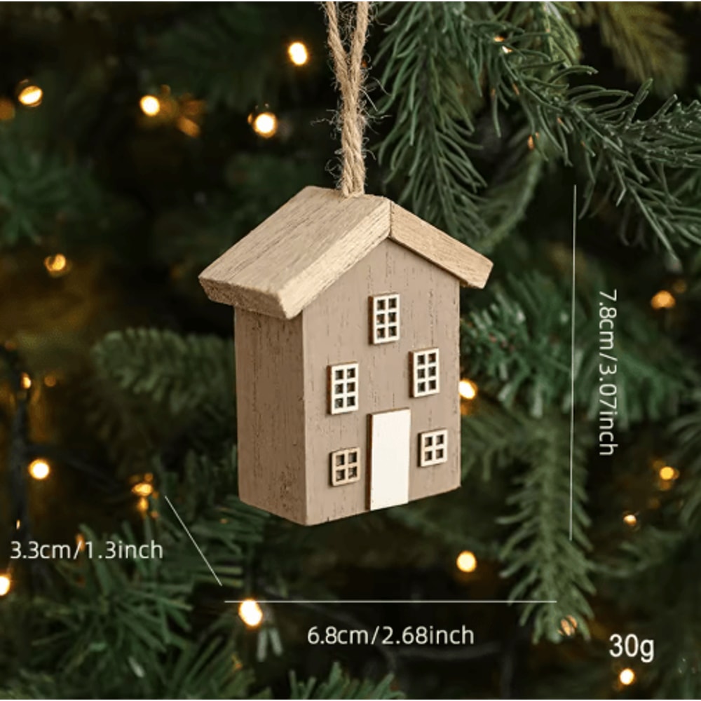 Wooden Christmas House Ornament Rustic Mini Log Cabin Tree Pendant Decor 4