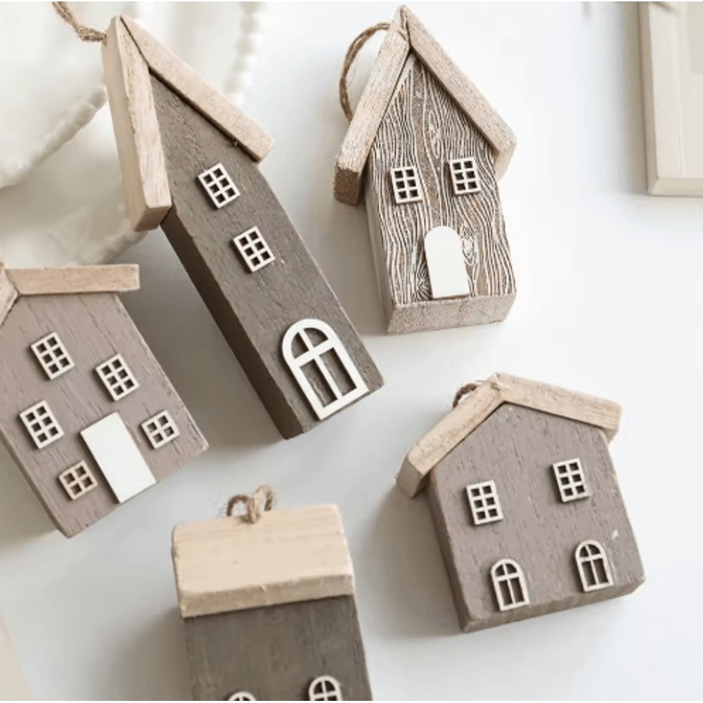 Wooden Christmas House Ornament Rustic Mini Log Cabin Tree Pendant Decor 8