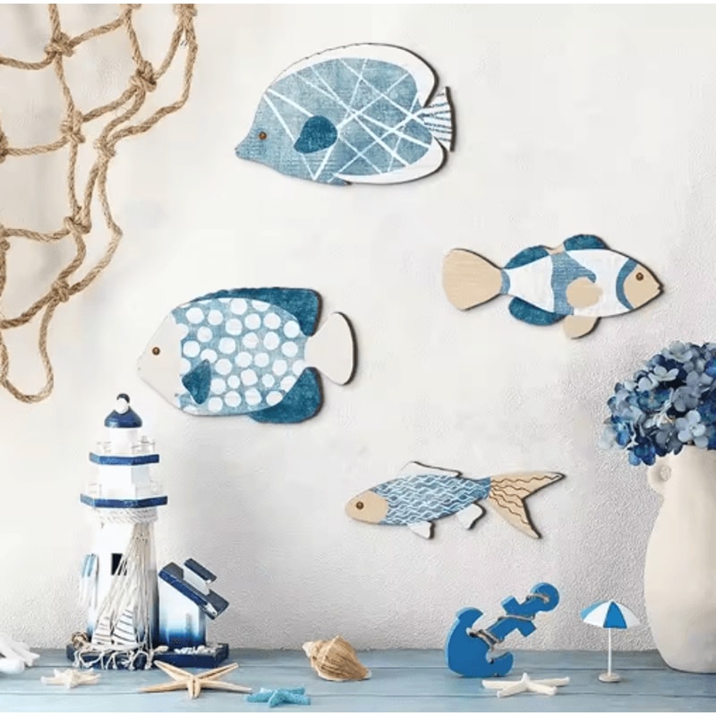 Wooden Nautical Fish Wall Decor Set Coastal Beach House Wall Art 4Piece 4