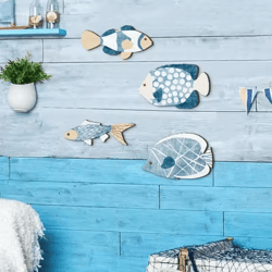 wooden nautical fish wall decor set – coastal beach house wall art (4-piece)