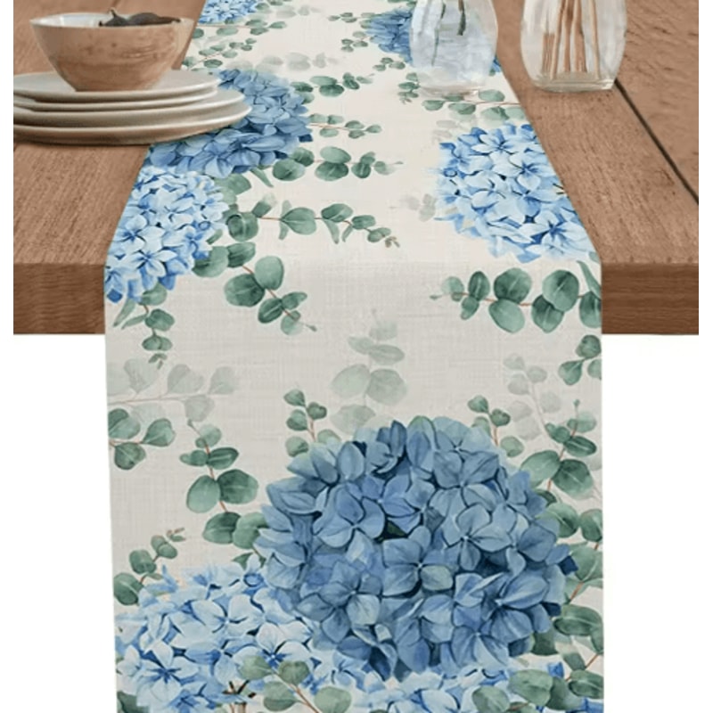Blue Hydrangea Eucalyptus Table Runner Elegant Floral Farmhouse Wedding Decor 1