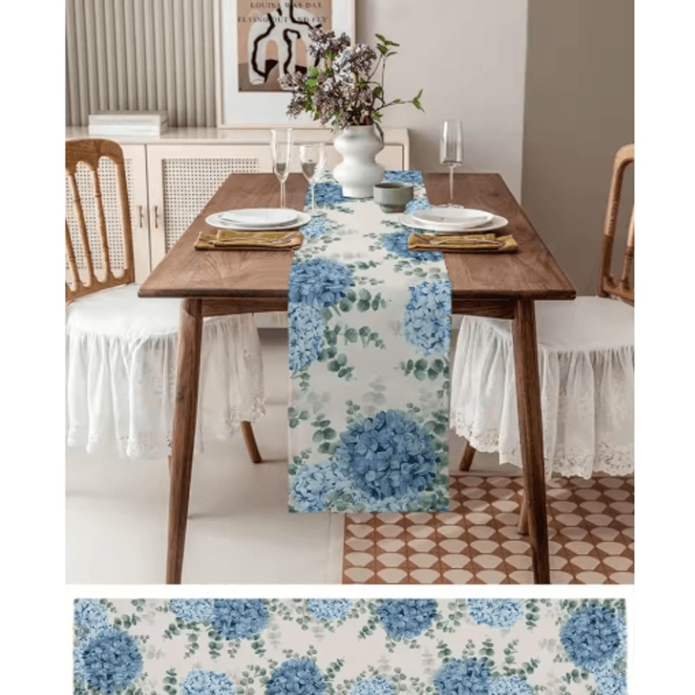 Blue Hydrangea Eucalyptus Table Runner Elegant Floral Farmhouse Wedding Decor 3