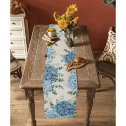 blue hydrangea & eucalyptus table runner – elegant floral farmhouse & wedding decor