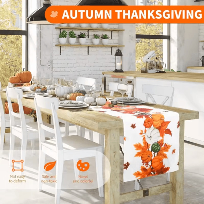 Thanksgiving Pumpkin Linen Table Runner Autumn Harvest Maple Leaf Table Decor 4