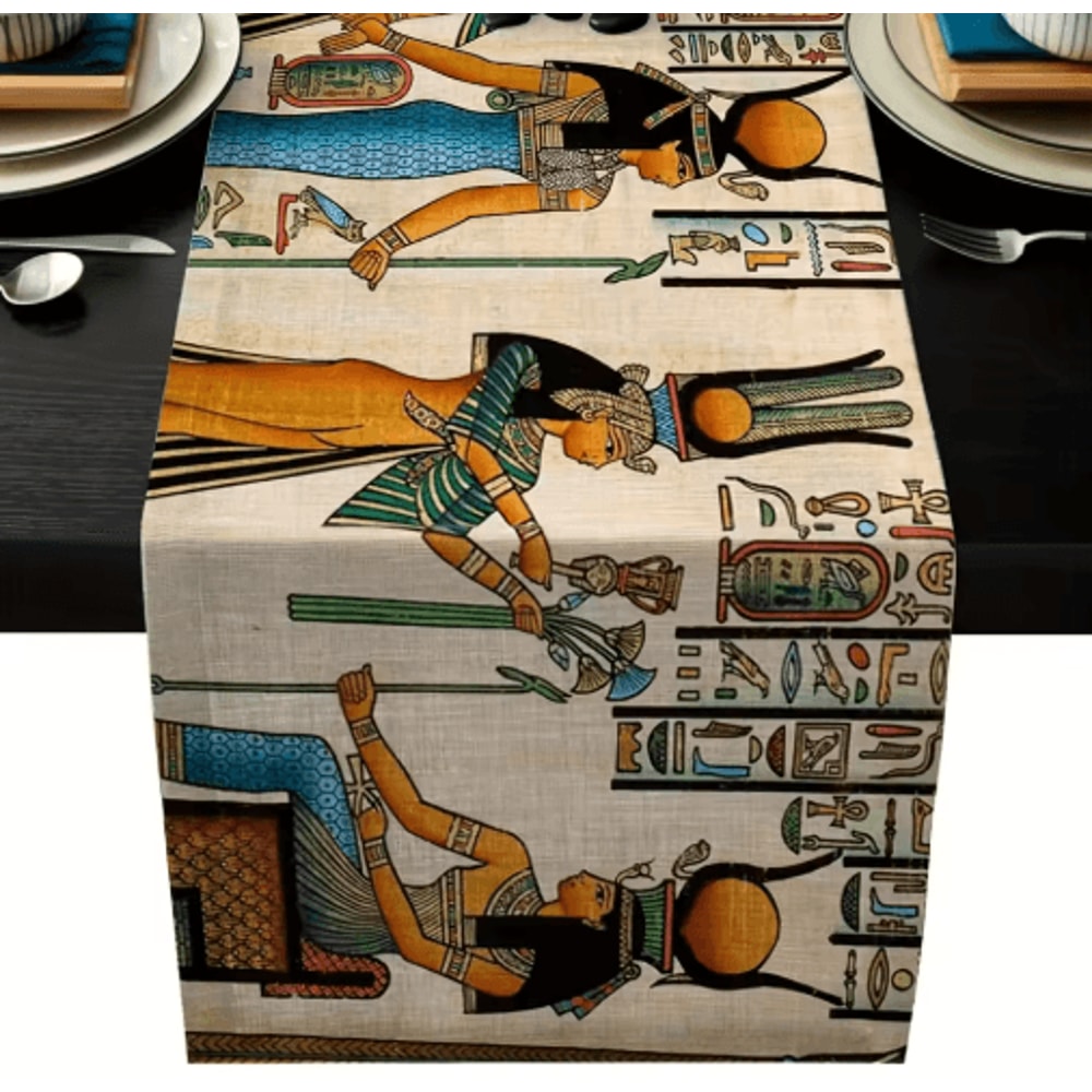 Ancient Egyptian Linen Table Runner Ethnic Mural Boho Farmhouse Dining Decor 1