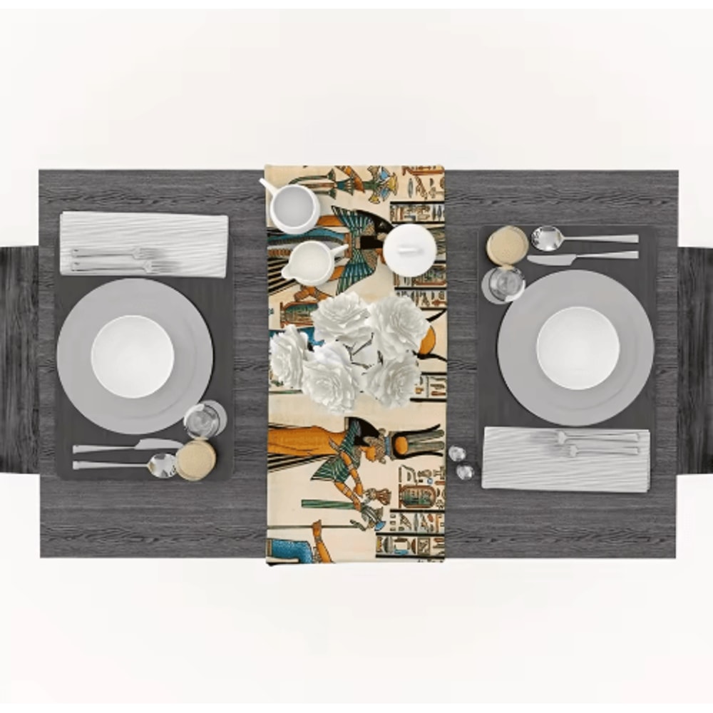 Ancient Egyptian Linen Table Runner Ethnic Mural Boho Farmhouse Dining Decor 3