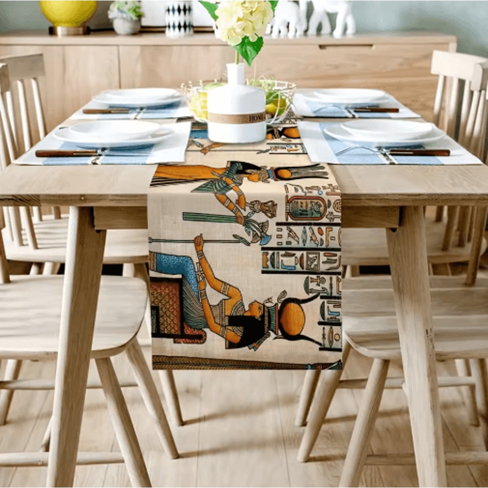 Ancient Egyptian Linen Table Runner Ethnic Mural Boho Farmhouse Dining Decor 4