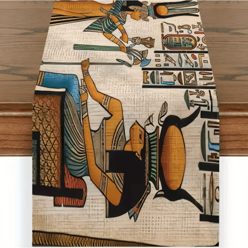 Ancient Egyptian Linen Table Runner Ethnic Mural Boho Farmhouse Dining Decor 5