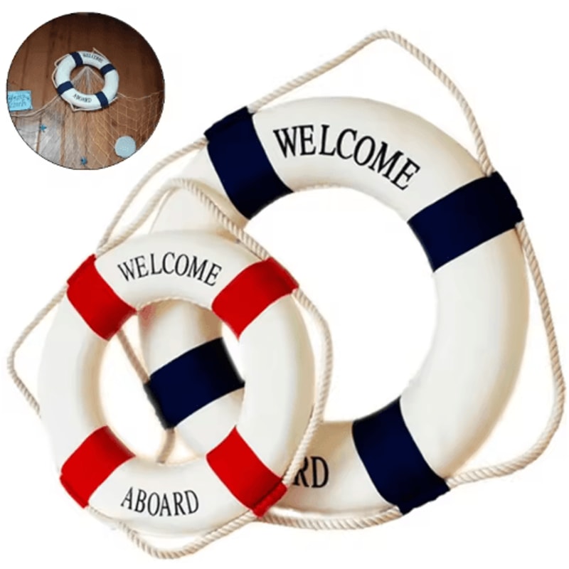 Nautical Life Buoy Wall Decor Red Blue Coastal Beach House Accent 0