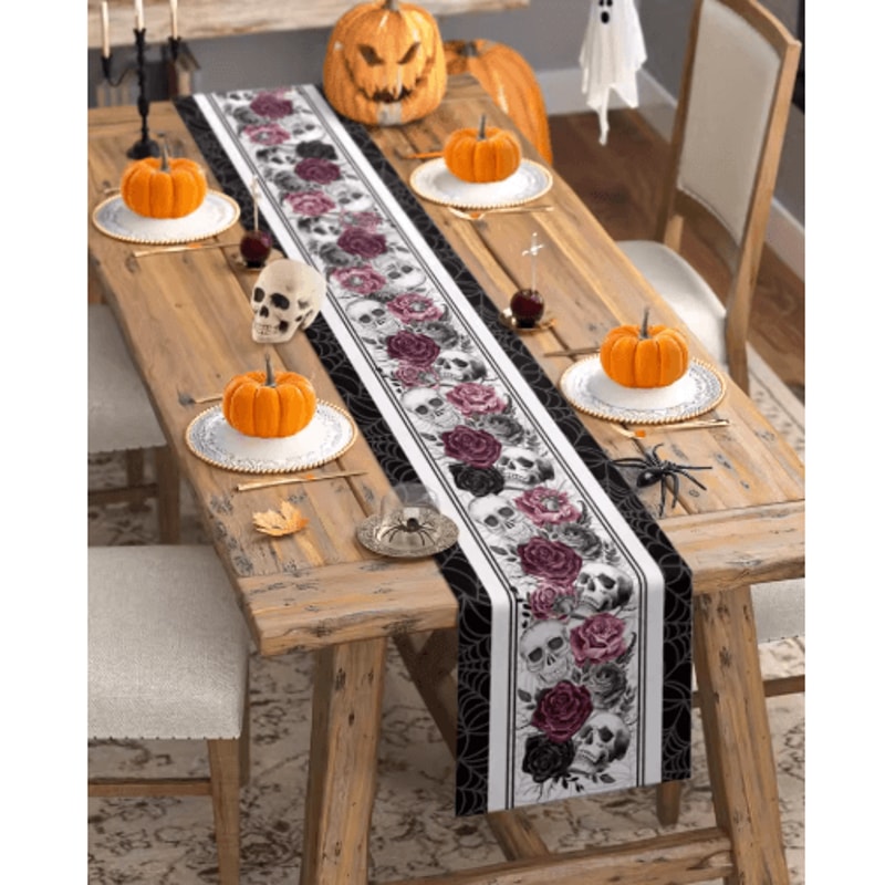 Halloween Skull Rose Linen Table Runner Gothic Crow Floral Party Table Decor 2