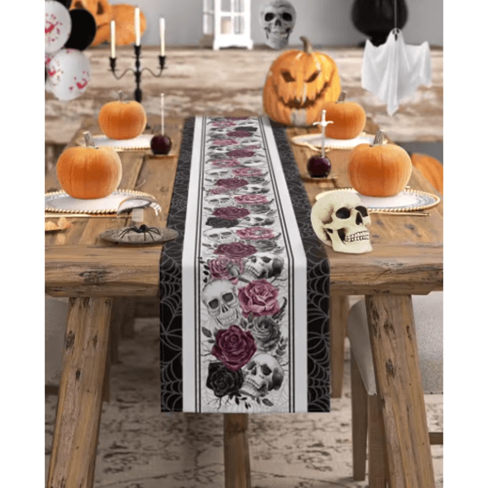 Halloween Skull Rose Linen Table Runner Gothic Crow Floral Party Table Decor 4