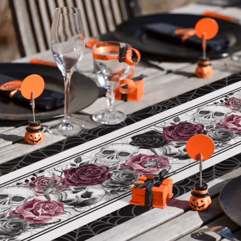 Halloween Skull Rose Linen Table Runner Gothic Crow Floral Party Table Decor 5