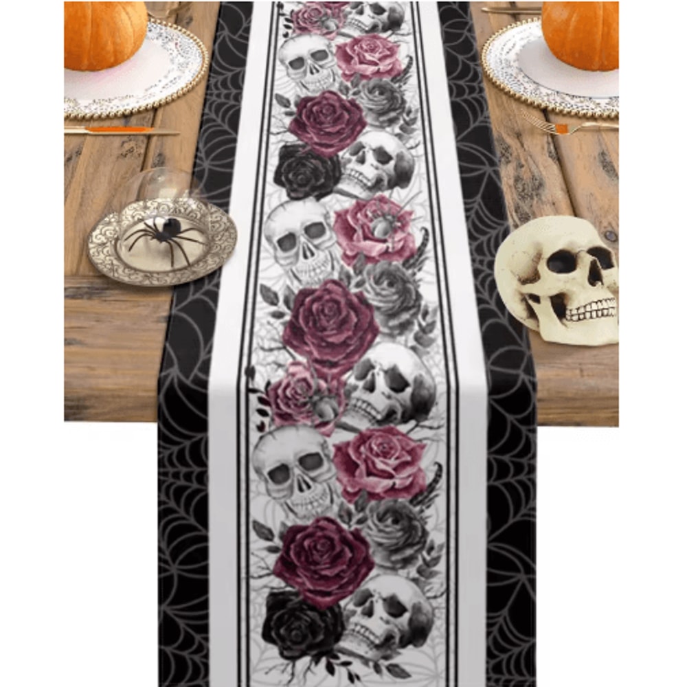 Halloween Skull Rose Linen Table Runner Gothic Crow Floral Party Table Decor 0