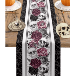 halloween skull rose linen table runner – gothic crow & floral party table decor