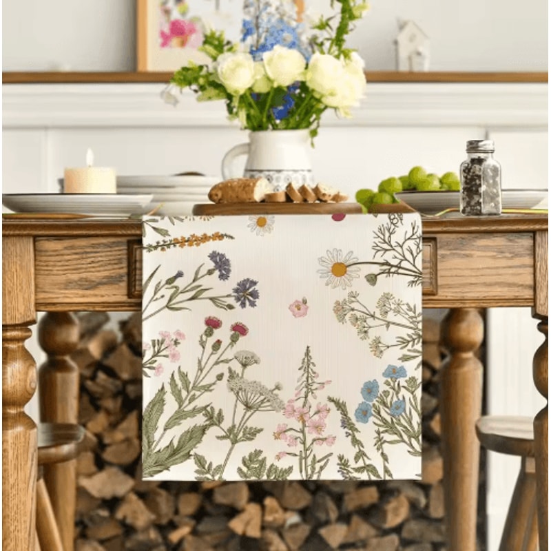 Spring Daisy Linen Table Runner Fresh Floral Farmhouse Wedding Table Decor 0