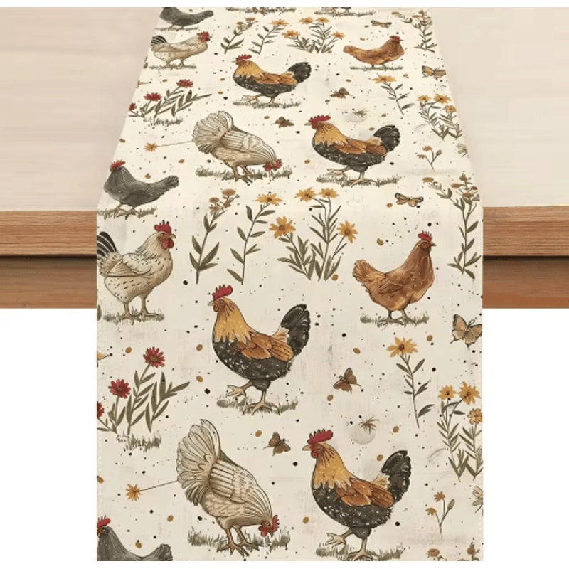 Farmhouse Rooster Wildflower Linen Table Runner Rustic Country Kitchen Table Decor 1