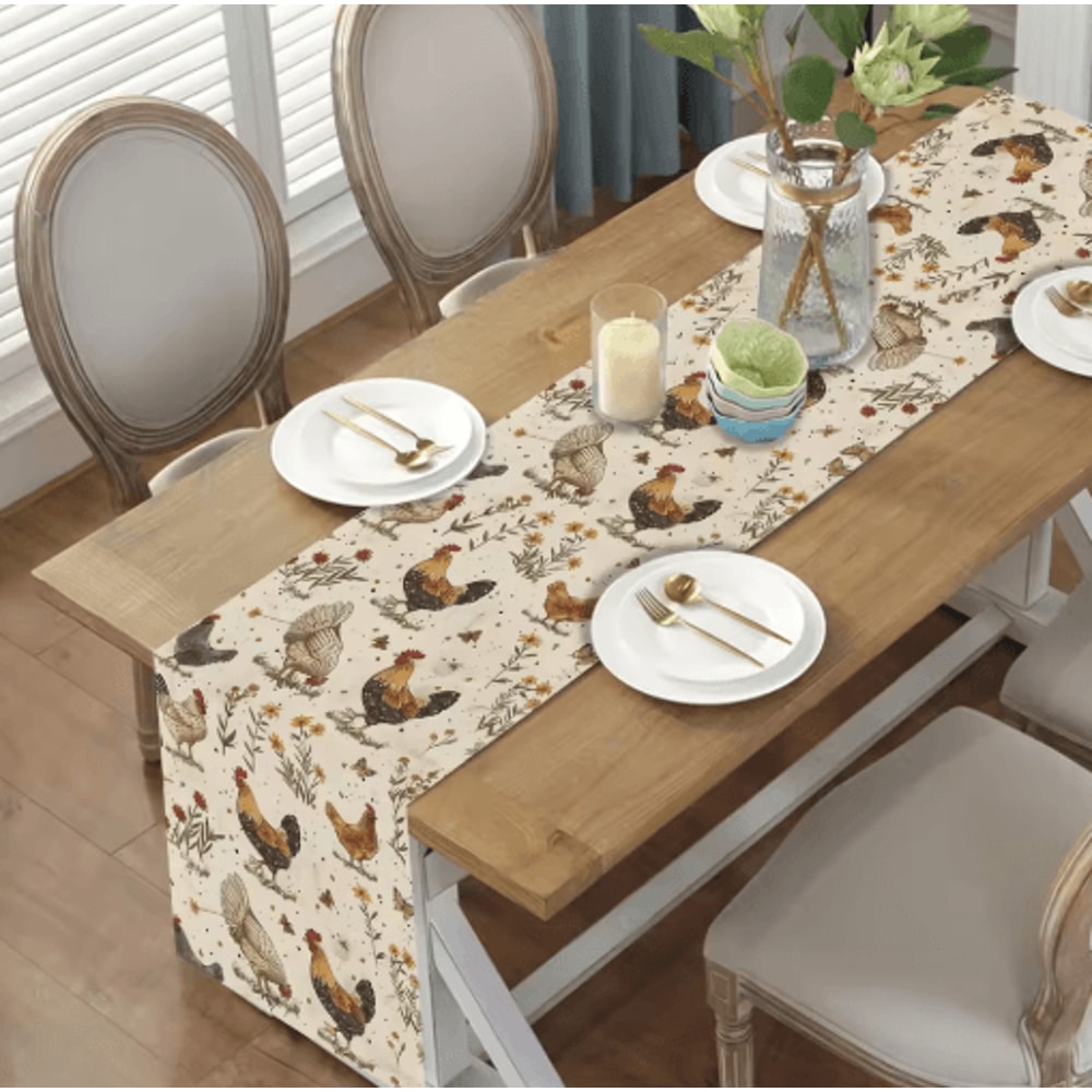 Farmhouse Rooster Wildflower Linen Table Runner Rustic Country Kitchen Table Decor 3