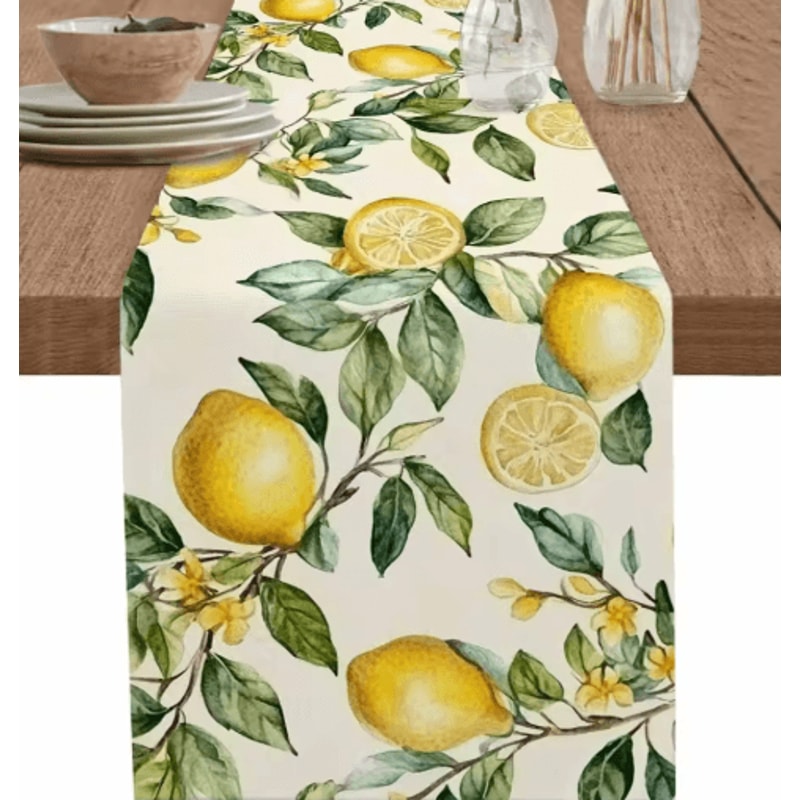 Watercolor Lemon Linen Table Runner Fresh Summer Floral Kitchen Dining Decor 1