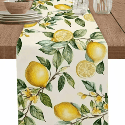 watercolor lemon linen table runner – fresh summer floral kitchen & dining decor