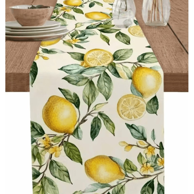 Watercolor Lemon Linen Table Runner Fresh Summer Floral Kitchen Dining Decor 0