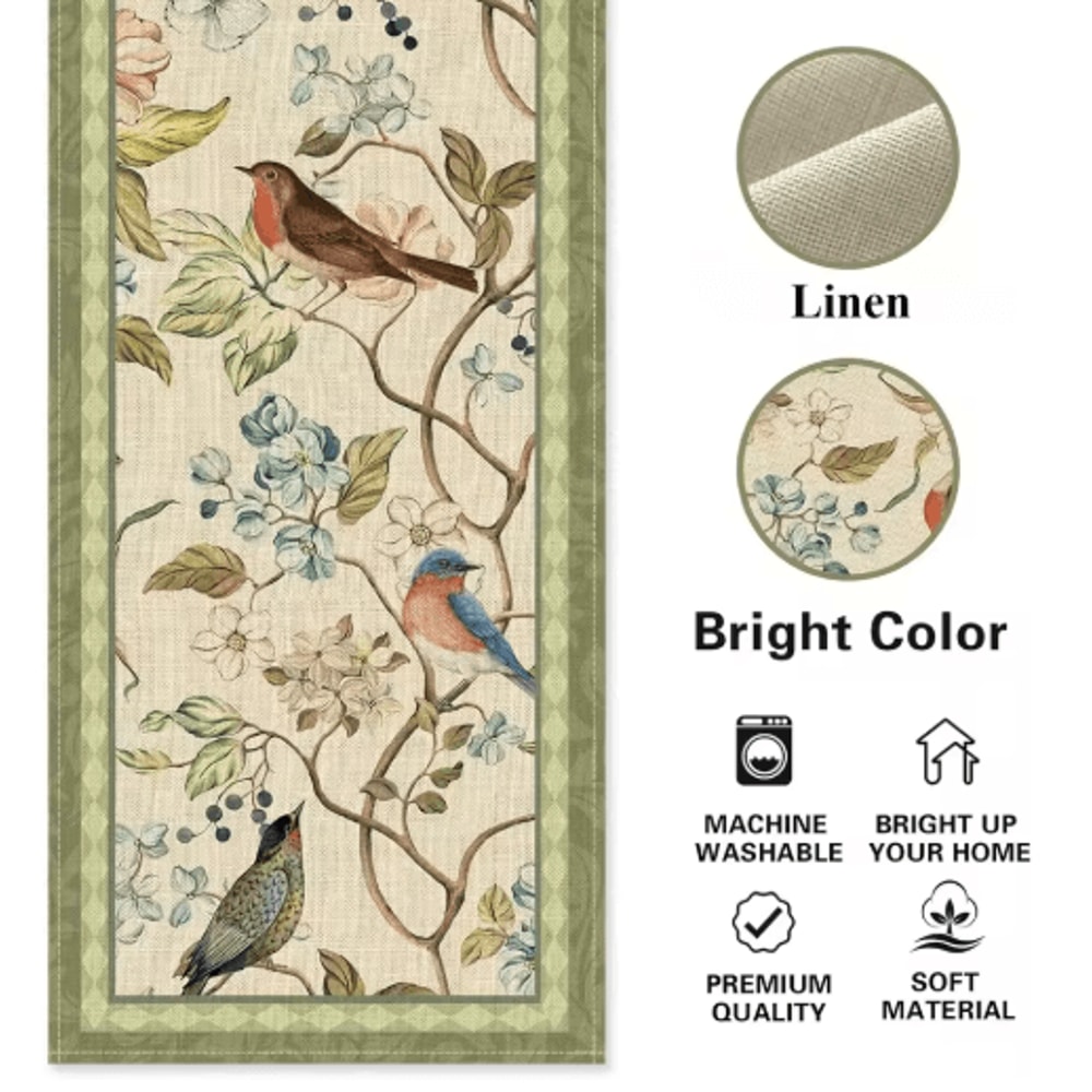 Vintage Floral Bird Linen Table Runner Farmhouse Summer Garden Dining Decor 3