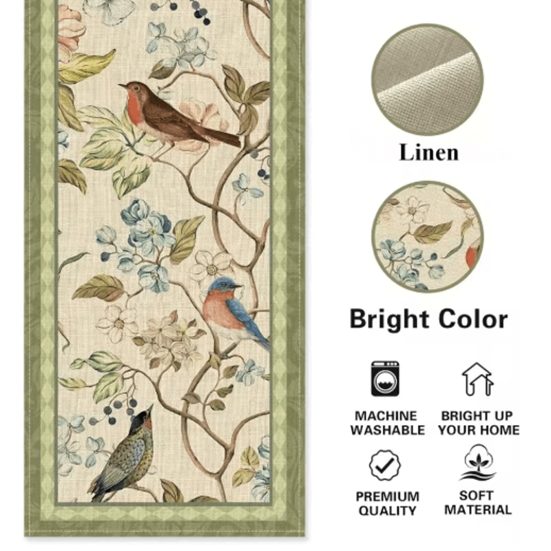 Vintage Floral Bird Linen Table Runner Farmhouse Summer Garden Dining Decor 3