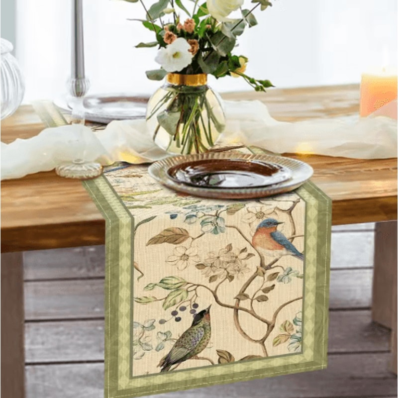 Vintage Floral Bird Linen Table Runner Farmhouse Summer Garden Dining Decor 5