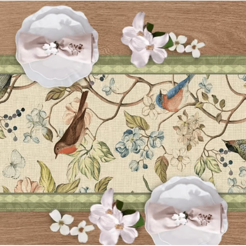 Vintage Floral Bird Linen Table Runner Farmhouse Summer Garden Dining Decor 6