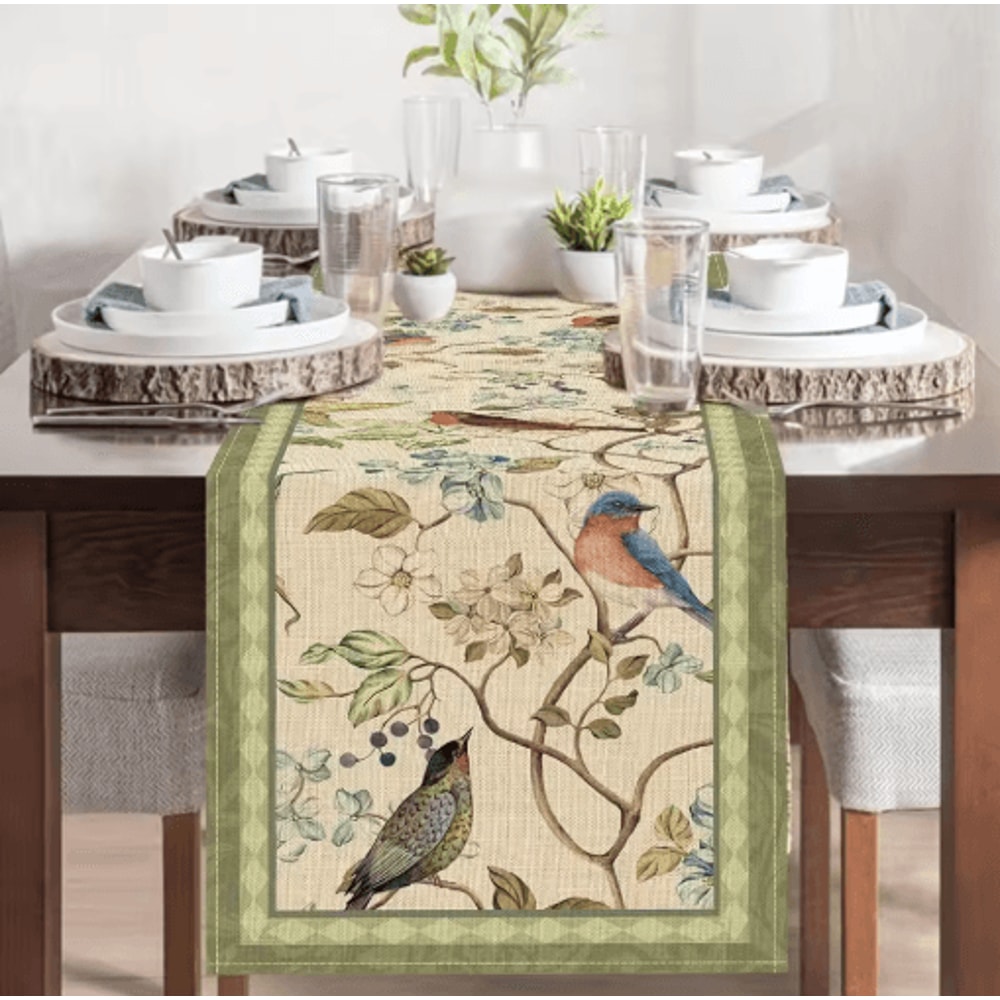 Vintage Floral Bird Linen Table Runner Farmhouse Summer Garden Dining Decor 7