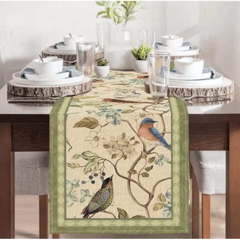 Vintage Floral Bird Linen Table Runner Farmhouse Summer Garden Dining Decor 7