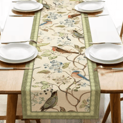 vintage floral bird linen table runner – farmhouse summer garden dining decor
