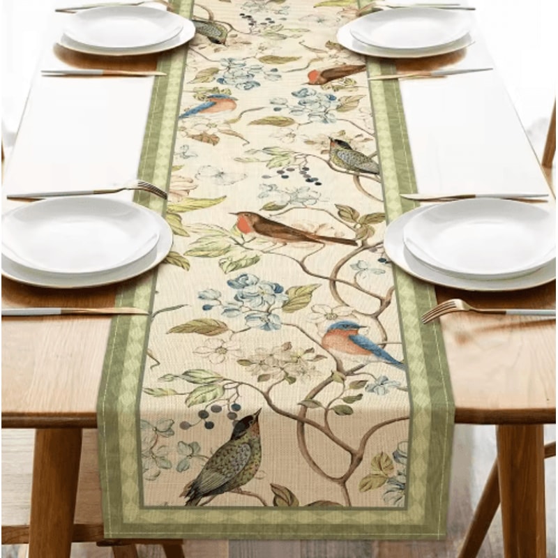 Vintage Floral Bird Linen Table Runner Farmhouse Summer Garden Dining Decor 0